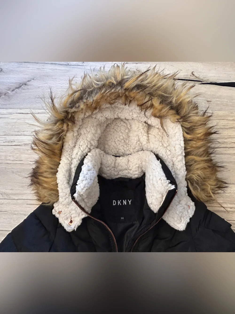 DKNY Black Kids Puffer Jacket with Faux Fur Trim Hood